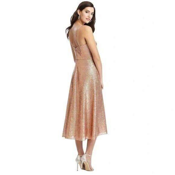 NWT Dessy Collection Sleeveless V Neck Sequin A Line Midi Dress 0 Rose Gold - Picture 4 of 13